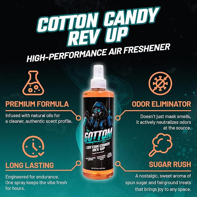 Gottom Air Freshener Spray - Long Lasting Odor Eliminator - 16 oz (Cotton Candy Rev Up) - Car Scent, Auto Odor Remover, Fresh Fragrance, Air Freshener for Trucks, SUVs, RVs, New Car Smell