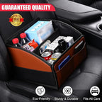 [2025 UPDATED] Leather Car Seat Organizer, Foldable Storage Box for Front Seat, Back Seats & Floor – Removable Divider, Metal Handle, Adjustable Anti-Slip Strap for Kids & Adults (Black & Brown)