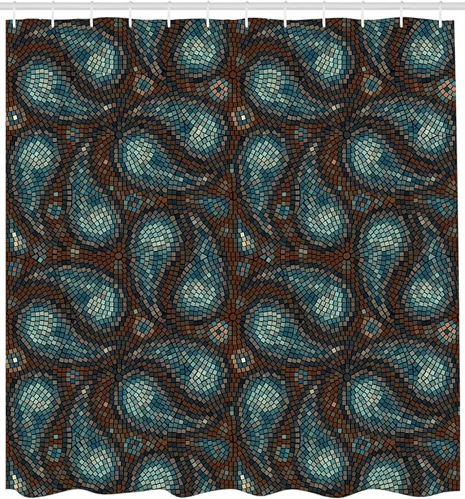 Ambesonne Paisley Shower Curtain, Modern Mosaic Like Circled Design with Teardrop Shaped Art Print, Cloth Fabric Bathroom Decor Set with Hooks, 69" W x 75" L, Brown Blue and Dark Blue