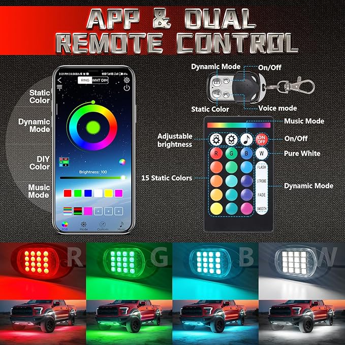 12 Pods RGBW LED Rock Lights for Truck Jeeps Trailer Off Road Van ATV UTV RV, Waterproof Multicolor Neon Underglow Kit with APP/RF Remote Control&Brake Red Function,12V Pure White Underbody Lights