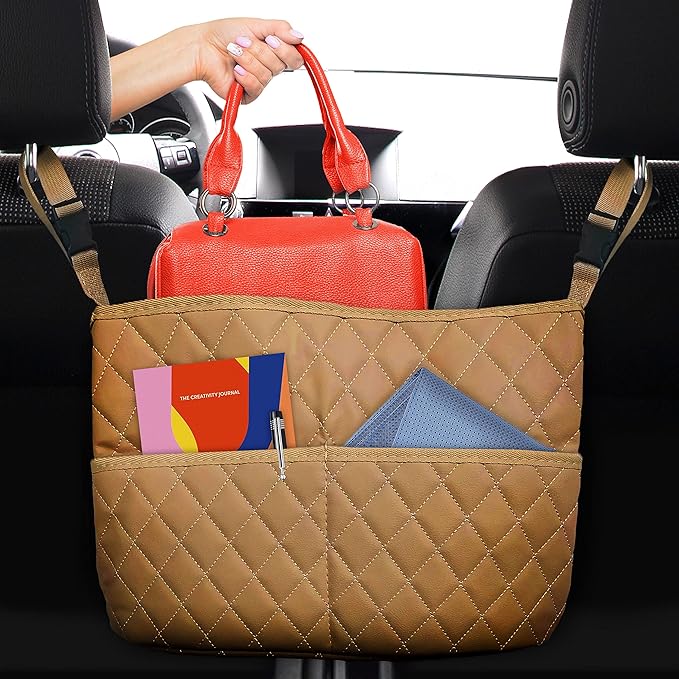 Car Net Pocket Handbag Holder Between Seats, Luxury Quilted PU Leather Purse Car Organizer With 2 Extra Pockets For Storage, Sable Brown