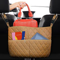Car Net Pocket Handbag Holder Between Seats, Luxury Quilted PU Leather Purse Car Organizer With 2 Extra Pockets For Storage, Sable Brown