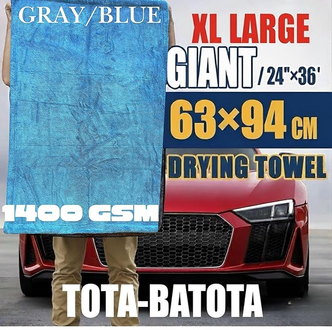 Microfiber Car Drying Towel 36"x24" – 1400 GSM Twisted Yarn, Ultra Absorbent, Scratch-Free, Machine Washable – Bonus 12"x12" Detail Towel, Blue/Gray