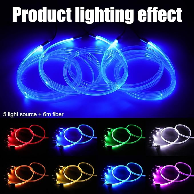 Car Interior Ambient Lighting Optic Fiber RGB 64 Colors Multicoloured Music Car Footwell Lighting Kit with Cigarette Lighter and App Microphone, DC 12V-24V 1W 6m