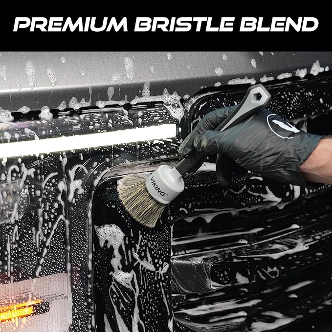 VIKING Exterior Detailing Brushes, Premium Boars Hair and Synthetic Bristles for Car Detailing Kit, Includes 2 Brush Head Diameters, 1 Inch and 1.5 Inch Brush Set