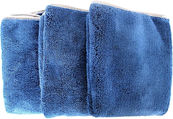 Maxshine 16”x24” Universal 3-Pack Dark Blue Microfiber Towel - 600GSM Ultimate Crazy with Silver Silk Border - Rinse-Free, Scratch-Free Drying Towels for Cars - Perfect for Car Detailing