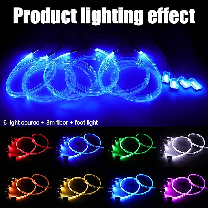 Car Interior Strip Lights, 6 in 1 Multicolor RGB Car Footwell Ambient Lighting Kit, 8m Fiber Optic EL Neon Tube Light, DIY Mode Music Sync RF Remote Control DC 12V