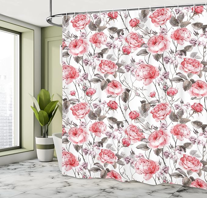 Ambesonne Rose Shower Curtain, Classic Vintage Floral Pattern Watercolor Style Bouquet of English Roses Wildflowers, Cloth Fabric Bathroom Decor Set with Hooks, 69" W x 75" L, Coral Taupe