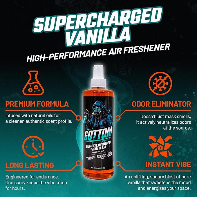 Gottom Air Freshener Spray - Long Lasting Odor Eliminator - 16 oz (Supercharged Vanilla) - Car Scent, Auto Odor Remover, Fresh Fragrance, Air Freshener for Trucks, SUVs, RVs & more