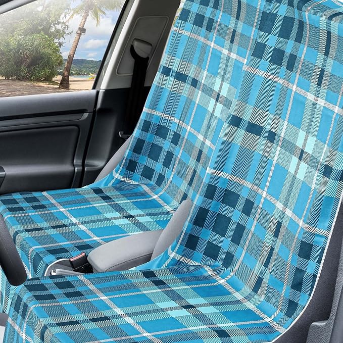 Hahafelt 2 Pack Car Seat Towel Covers with Storage Bag, 63 x 32 Inch Universal Non Slip Waterproof Sweat Protector for Car Truck, Gym Swimming Running, Machine Washable (Blue Plaid)
