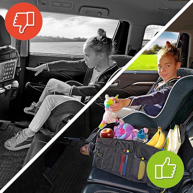 Easy-to-Reach Kids Car Organizer with Tissue Box and Cup Holder for Back Seat, Front Seat, Between Seats, Floor - Tote Car Storage Organization for Toddlers - Kids Road Trip Travel Essentials (Black)