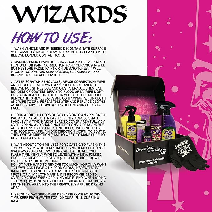 Wizards Ceramic Coat for Paint Kit - 9 Piece Ceramic Coating for Detailing Supplies - Provides High Gloss, Luster, Shine and Protection for Vehicles - Versatile Car Scratch Remover for Auto Detailing