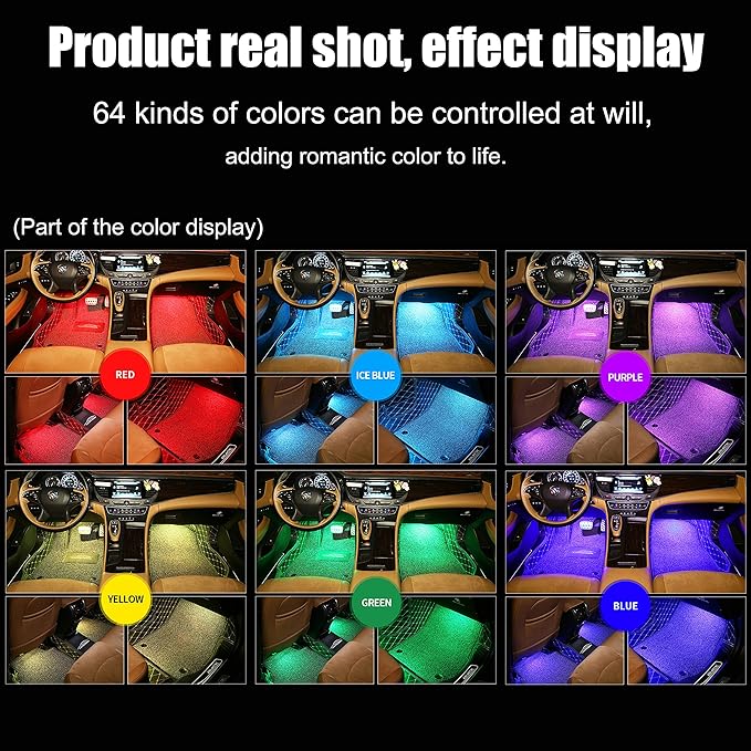 RGB Car Footwell Ambient Lighting Kit 16.7 Millions Colors Sound Active Music Sync APP Control DC Line Car Interior Multicolored Footwell Atmosphere Light
