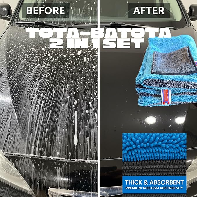Microfiber Car Drying Towel 36"x24" – 1400 GSM Twisted Yarn, Ultra Absorbent, Scratch-Free, Machine Washable – Bonus 12"x12" Detail Towel, Blue/Gray