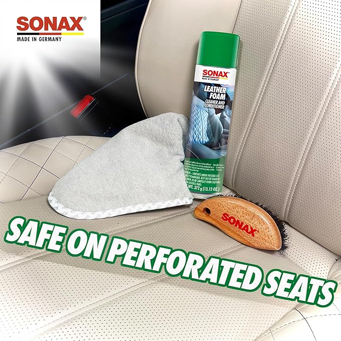 SONAX Leather Foam 289300 | 2 in 1 Aerosol Leather Cleaner and Conditioner | Safe to Use on Perforated Air Conditioned/Heated Seats | UV Protection Prevents UV Damage | 13.02 oz