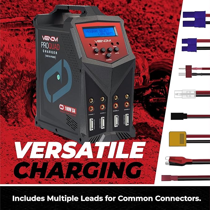 Venom Power - Pro Quad LiPo Battery Fast Charger with LCD Screen - 4 Ports at 100W Each - AC DC 7A Fast NiMH LiHV LiPo Balance Charger Discharger 1S to 6S, Drone, RC Car Battery Charger