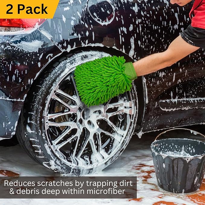 HI DETAIL Chenille Microfiber Car Wash Mitt 2 Pack, Premium Super Absorbent Scratch Free Car Wash Brush, Green 10" x 8"