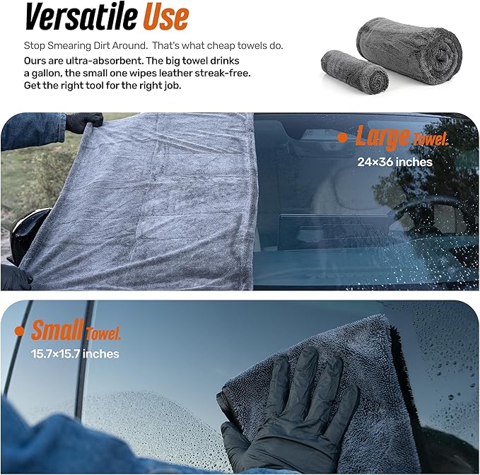 Car Drying Towel Set, 1300GSM Twisted-Loop Microfiber, 24"x36" XL + 15.7"x15.7" Detail Towel, Streak-Free, Lint-Free, Scratch-Free for Cars, SUVs & Trucks