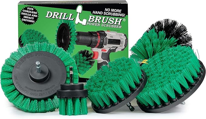 Electric Spin Scrubber Drill Power Kitchen Scrub Brush Green Kit - Cleaning Supplies for Kitchen Accessories - Drill Scrubber Attachment - Cordless Drill Set with Cast Iron Scrubber and Oven Cleaner