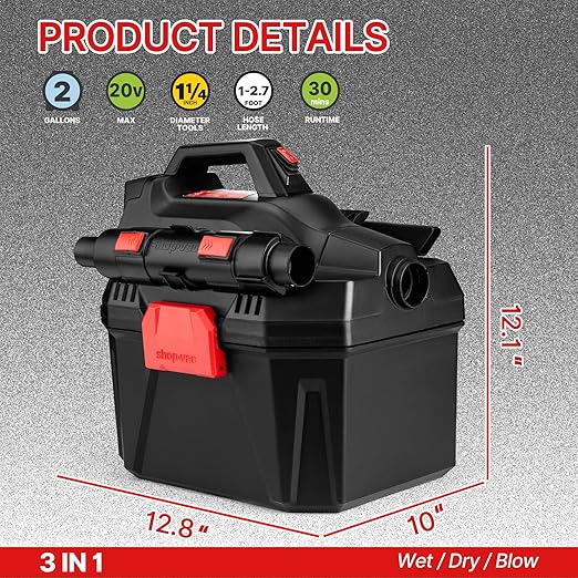 Shop-Vac 2 Gallon 20V Cordless Wet/Dry Vacuum with Detachable Blower, Portable 3-in-1 Vac with Blower Function, Integrated Battery and Charger Included, Ideal for Workshop, Car & Jobsite, 5430082