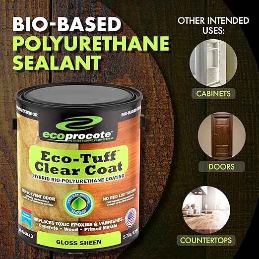 Eco-Tuff Finish Polyurethane Clear Coat — UV Resistant & Non-Toxic Wood Sealer — Clear Protective Water Based Sealant for Concrete Surface, Wood Floor, Cabinet, Countertop,Furniture — 1 Gallon — Gloss