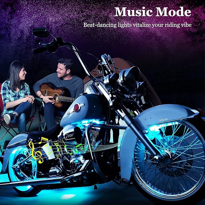 Motorcycle LED Underglow Kit, icicar 12 Pcs APP/RF Control Multicolor Motorcycle LED Light Kit with Brake Turn Signal, IP68 Waterproof & Music Sync Ambient Light for Motorcycles