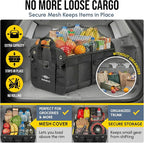 2-Section Trunk Organizer Foldable Car Storage Bin – Compact Dual-Compartment Auto Organizer with Cover Net, Non-Slip Pads, Heavy Duty Oxford 1680D – Black
