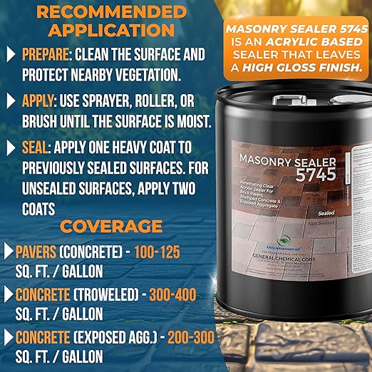 DeckGeneral High Gloss Masonry Sealer 5745 - Heavy Duty Outdoor Concrete Sealer - Multi-Purpose Acrylic-Based Waterproof Coating for Bricks, Mortar, Patio, Stairs, Walls, Pavement Etc. - 5 Gallon
