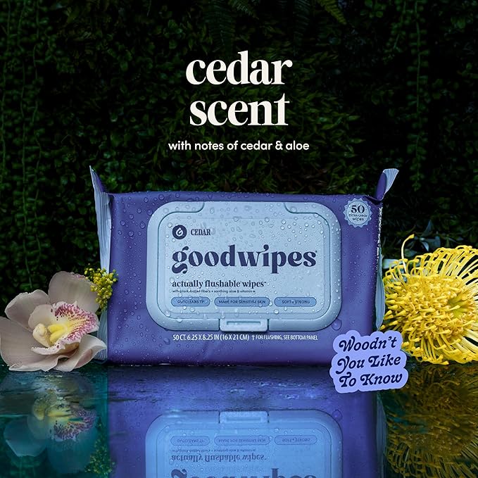 goodwipes Flushable Butt Wipes - Vitamin E & Aloe - Sewer & Septic Safe - Extra Large Adult Wet Wipes For Women & Men - Bathroom Essentials - Cedar, 318 Count (6 Packs + 1 Travel)