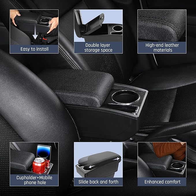 Car Armrest Box for Toyota Yaris Vitz 2006-2011 Auto Accessories Center Console Leather Arm Rest Double-Layer Storage Space with Cup Holder (Black Thread)