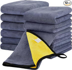 Tallew 12 Pcs Microfiber Towels for Cars, 800 GSM Plush Drying Cleaning Cloth Bulk, 16 x 16 Inch Thick Absorbent Wash Detailing Towels for Car Polishing, House, Kitchen Cleaning(Yellow and Gray)