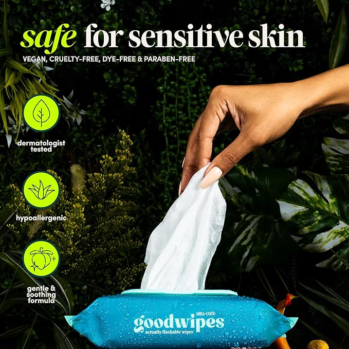 goodwipes Flushable Butt Wipes - Vitamin E & Aloe - Sewer & Septic Safe - Extra Large Adult Wet Wipes For Women & Men - Bathroom Essentials - Rosewater, 153 Count (3 Packs + 3 Individually Wrapped)
