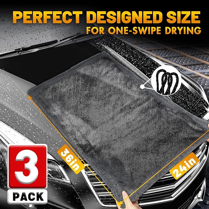 RBUGR Microfiber Towels for Cars, 3 Pack Dual Sided Drying Towels Car Detailing， 1200GSM Car Drying Towel(24″x 36″), Ultra Absorbent Car Cleaning Towel, No Streak or Scratch, Machine Washable