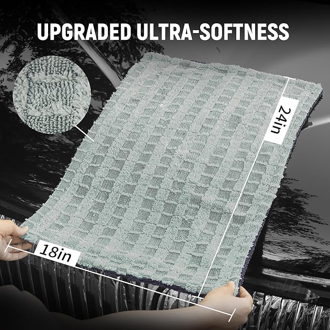 LIVOS Car Drying Towel, Premium Microfiber Towels for Cars, 1000GSM, Edgeless Twisted Loop Design, No Streaks, Scratches, or Water Spot, Absorbent Wash Towel, 18" x 24" (Check Silver&Grey)