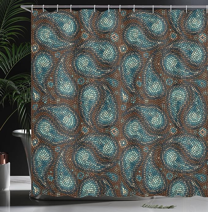 Ambesonne Paisley Shower Curtain, Modern Mosaic Like Circled Design with Teardrop Shaped Art Print, Cloth Fabric Bathroom Decor Set with Hooks, 69" W x 75" L, Brown Blue and Dark Blue