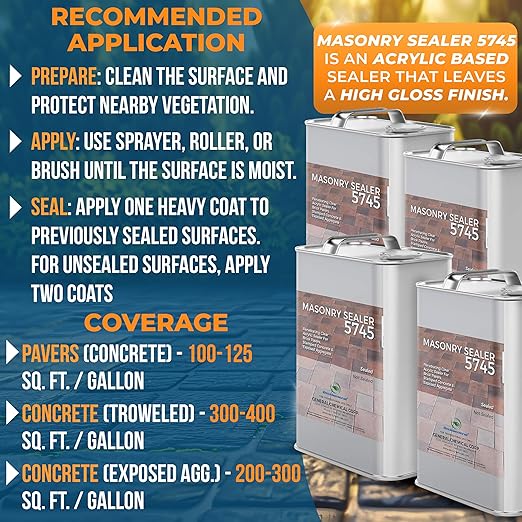 DeckGeneral High Gloss Masonry Sealer 5745 - Heavy Duty Outdoor Concrete Sealer - Multi-Purpose Acrylic-Based Waterproof Coating for Bricks, Mortar, Patio, Stairs, Walls, Pavement -Case of 4(1 Gal)