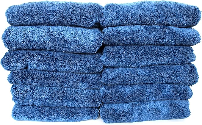 Maxshine 12 Pack Microfiber Towel - 600GSM Ultimate Crazy with Silver Silk Border, Dark Blue, 16”x24” (40x60cm) - Rinse-Free, Scratch-Free Drying Towels for Cars - Ideal for Car Detailing