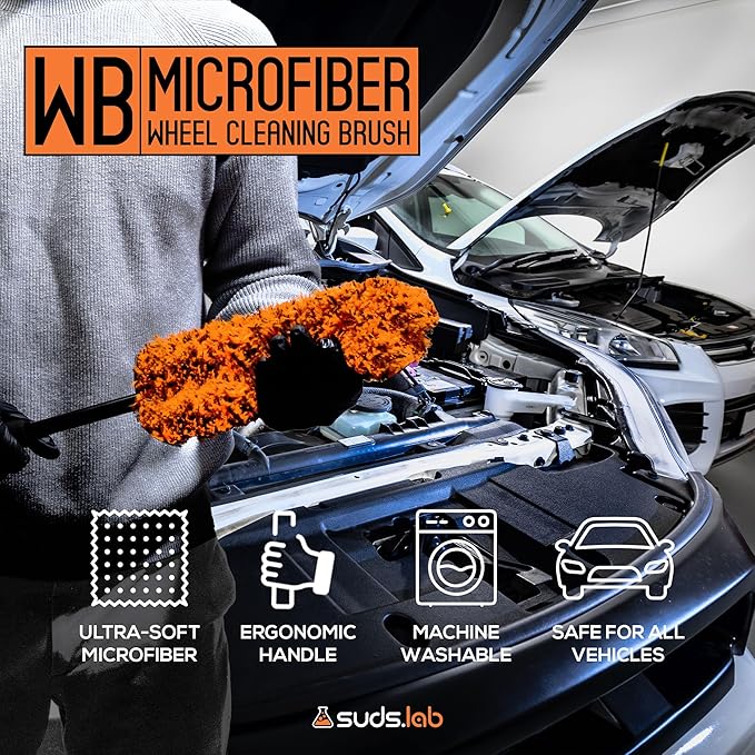 Suds Lab WB Premium Microfiber Cleaning Wheel Brush for All Vehicle Types – 18.1" Ultra-Soft & Scratch-Free Reusable Rim, Wheel, and Tire Brush with Ergonomic Handle