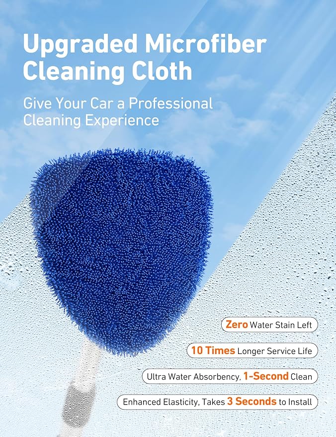 AstroAI Windshield Cleaner Tool, Car Interior Detailing Cleaning Kit with Extendable Handle and 4 Upgraded High-Density Reusable Microfiber Pads, Auto Glass Wiper Brush Kit for Cars, Blue, 15.9in-21in
