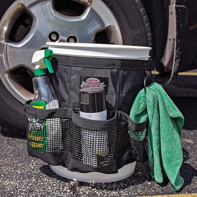 Bucket Boss Auto Boss Wash Boss Organizer for a 5 Gallon Bucket, with Fast-Drying, Exterior Mesh Pockets for Car Supplies, Allowing for Soap and Water in the Bucket, in Black, AB30060