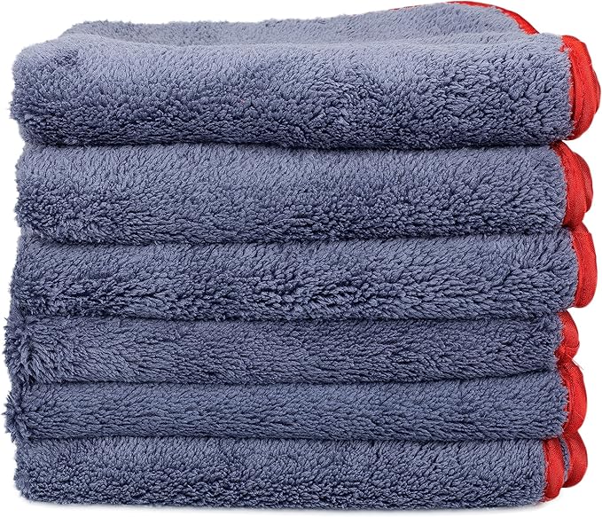 Maxshine 6 Pack Microfiber Towel - 600GSM Ultimate Crazy with Red Silk Border, Grey, 16”x24” (40x60cm) - Scratch-Free Towels for Fast Car Washing & Drying - Perfect for Car Detailing