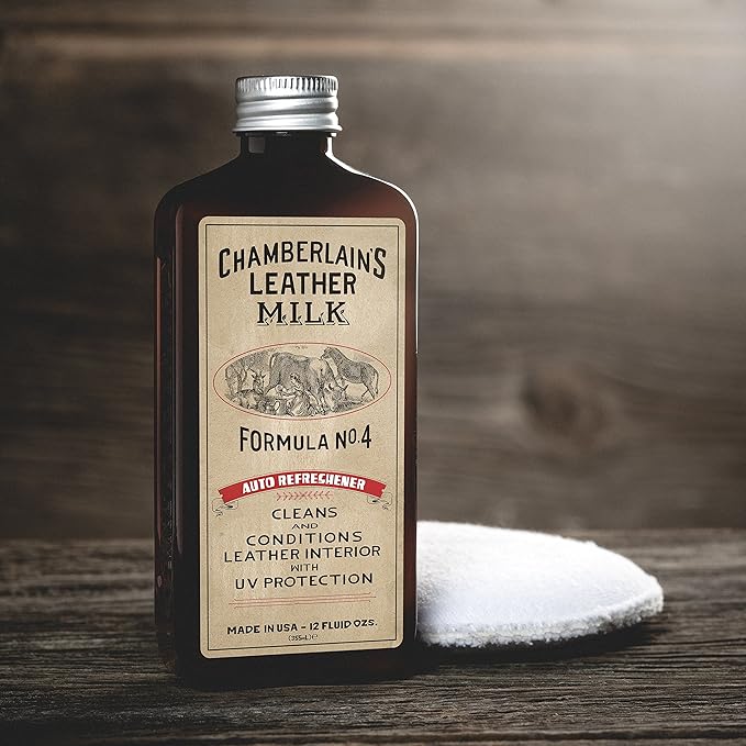 Leather Milk Auto Leather Conditioner and Cleaner with UV Protection - Auto Refreshener No. 4 - All Natural, Non-Toxic Auto Leather Interior Care. Made in USA. 2 Sizes. Applicator Pad Included.