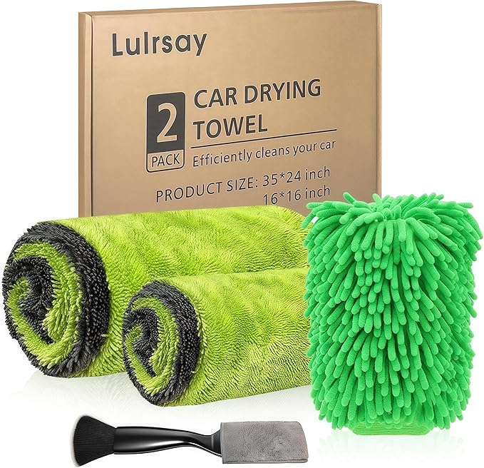 2 Pack Car Drying Towels – 1200GSM Ultra Absorbent Microfiber, 35"x24" & 16"x16", Lint-Free & Streak with Car Wash Mitt & Dual-Head Duster Brush for Auto Detailing, Car, SUV, Truck (Gray-Green)