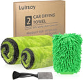 2 Pack Car Drying Towels – 1200GSM Ultra Absorbent Microfiber, 35"x24" & 16"x16", Lint-Free & Streak with Car Wash Mitt & Dual-Head Duster Brush for Auto Detailing, Car, SUV, Truck (Gray-Green)
