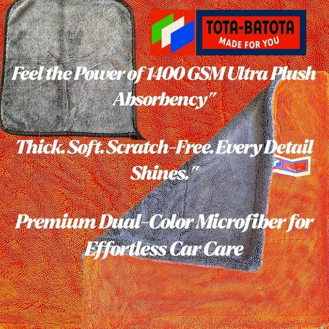 Microfiber Car Towel 16"x16" – 1400 GSM Twisted Yarn, Ultra Absorbent, Scratch-Free, Machine Washable – Bonus 12"x12" 600 GSM Detail Towel for Him/Her(Orange/Gray)